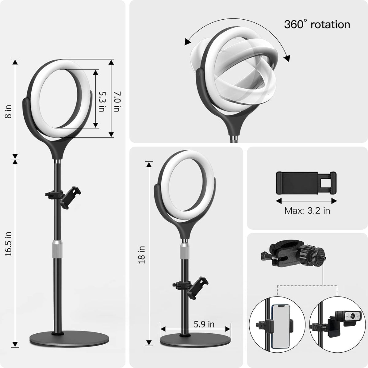 Desk Ring Light with Stand and Phone Holder-Laptop Ring Light for Zoom Meeting-Computer Light for Video Conferencing-Led Streaming Light for YouTube Tiktok Vlogging Video Recording Makeup (Black)