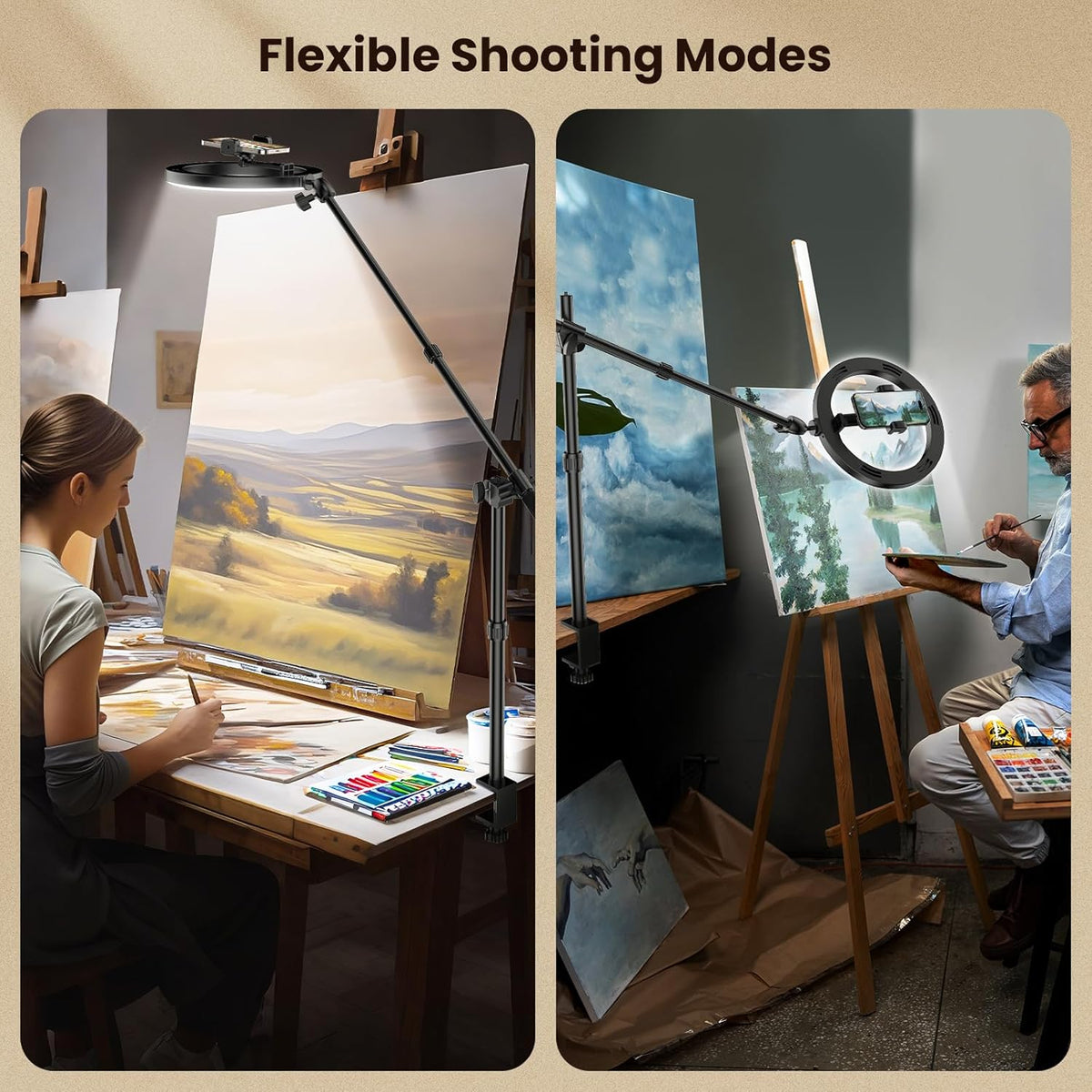 Ring Light Overhead Camera Phone Mount for Desk Tripod - 10" Ring Light with Stand for iPhone - Sturdy Selfie Ringlight with Clamp for Artist,Drawing,Video Recording,Live Streaming,Content Creation