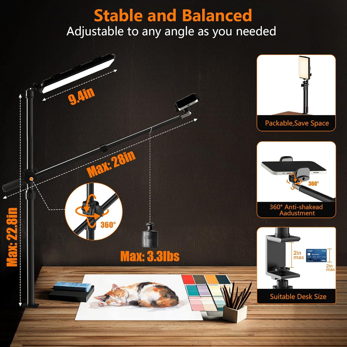 Ultra Bright Ring Light with Overhead Phone Camera Mount-Desk Clamp Key Light for Video Recording/Streaming/Filming/Photography,Desktop Lighting Kit with Tripod Stand&Phone Holder for Tiktok/YouTube