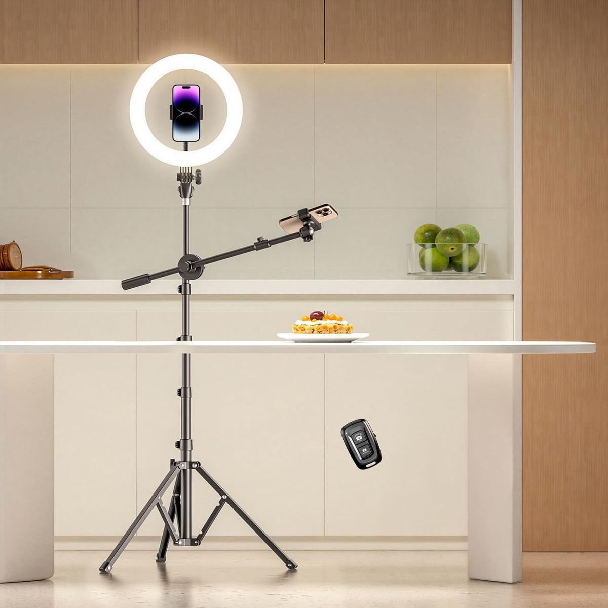 LUXSURE Ring Light with Stand for Phone, Ring Light Tripod for iPhone with Light, Overhead Camera Mount 10.5" with Remote, Phone Tripod with Light for Video Recording/Live Streaming/Cooking