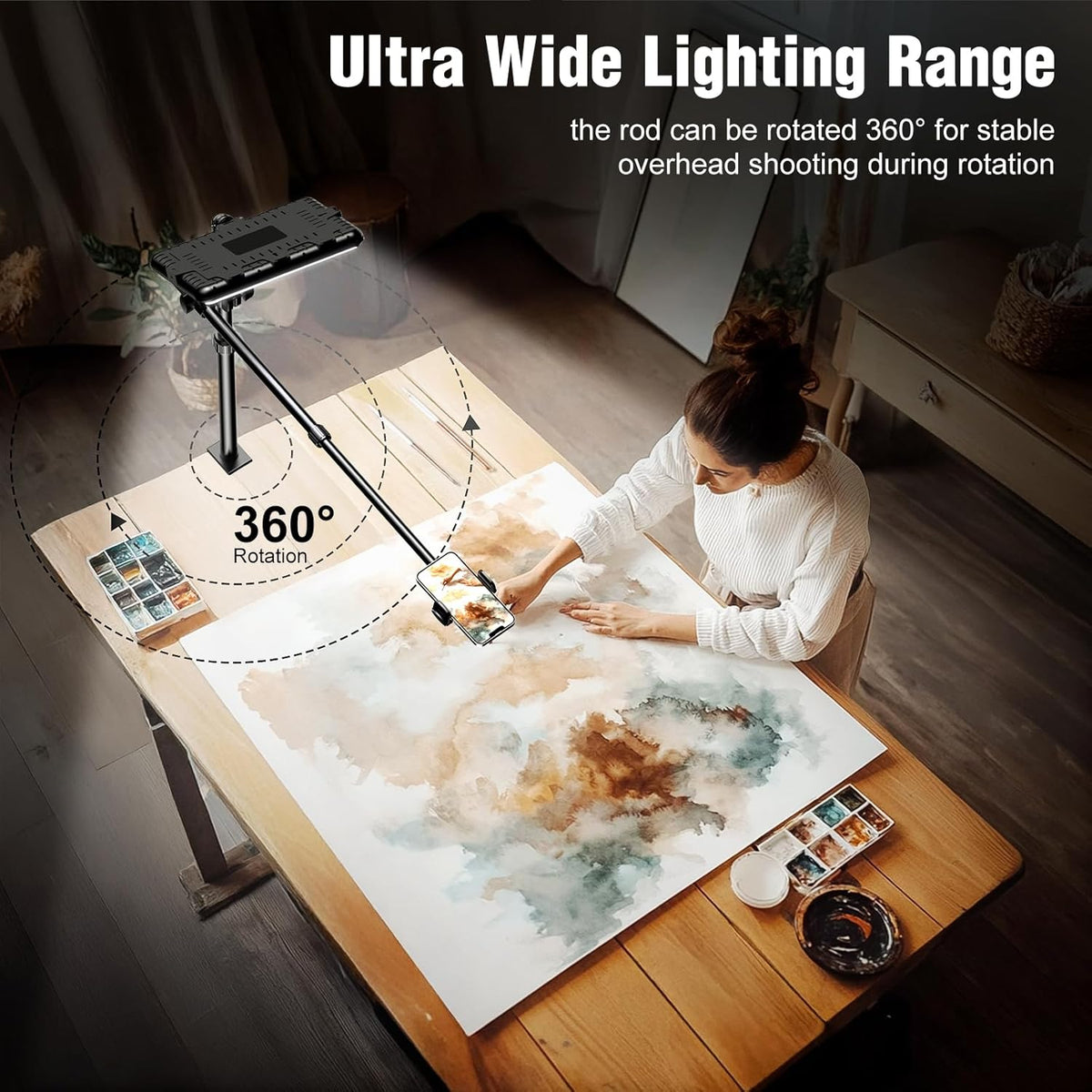 Ultra Bright Ring Light with Overhead Phone Camera Mount-Desk Clamp Key Light for Video Recording/Streaming/Filming/Photography,Desktop Lighting Kit with Tripod Stand&Phone Holder for Tiktok/YouTube