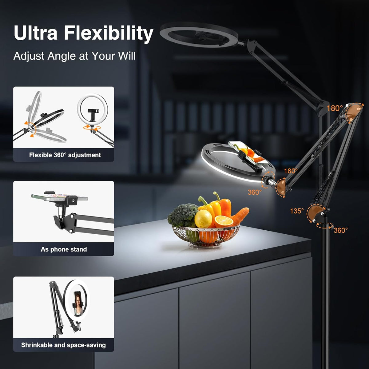 Evershop Ring Light with Stand Overhead Camera Mount Phone Holder,10” Ring Light Tripod for iPhone,Circle Led Selfie Light Halo Light for Video Recording,Photography,Streaming,Vlog,TikTok,YouTube
