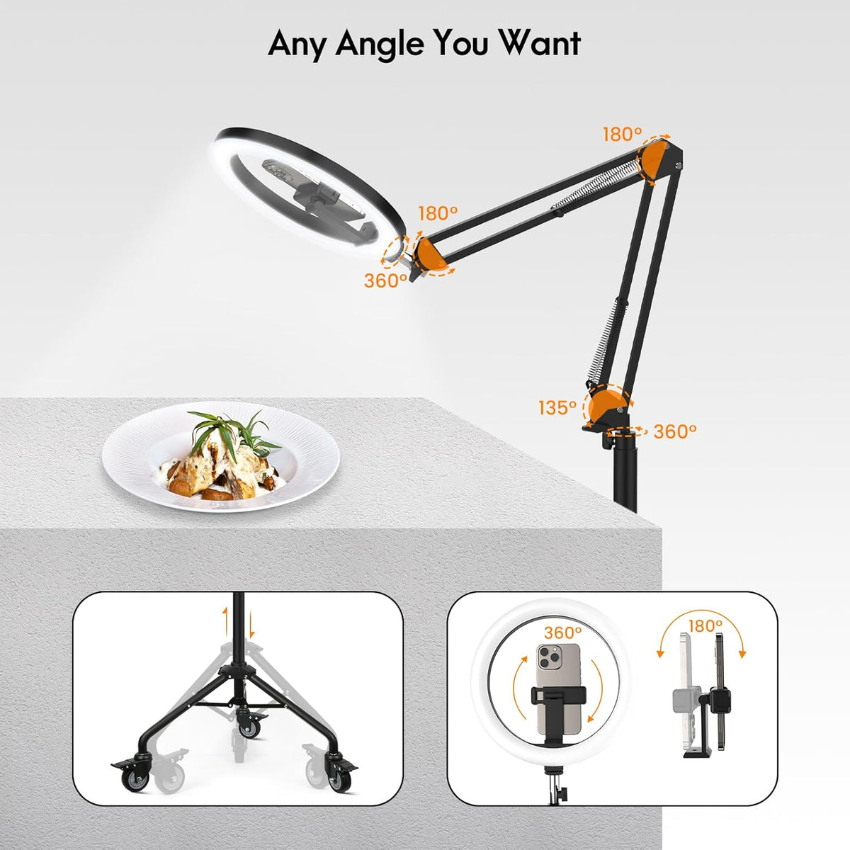 LUXSURE Ring Light Tripod for iPhone, Overhead Camera Mount with Casters,LED Ring Light with Stand and Phone Holder,Phone Tripod with Light for Video Recording/Live Streaming/Cooking