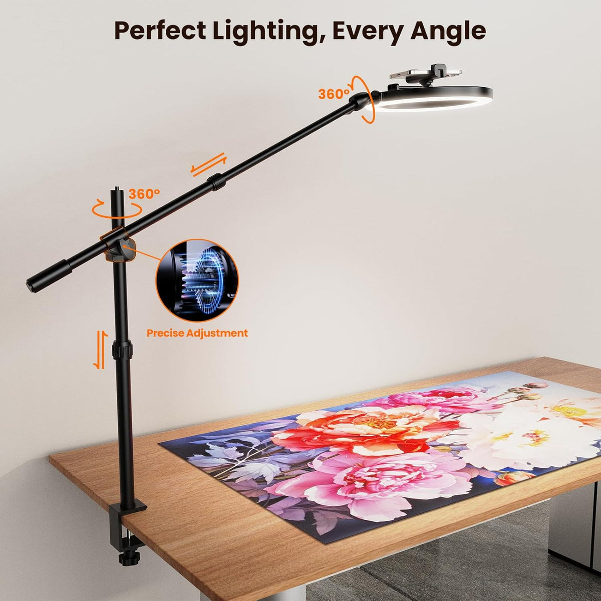 Ring Light Overhead Camera Phone Mount for Desk Tripod - 10" Ring Light with Stand for iPhone - Sturdy Selfie Ringlight with Clamp for Artist,Drawing,Video Recording,Live Streaming,Content Creation
