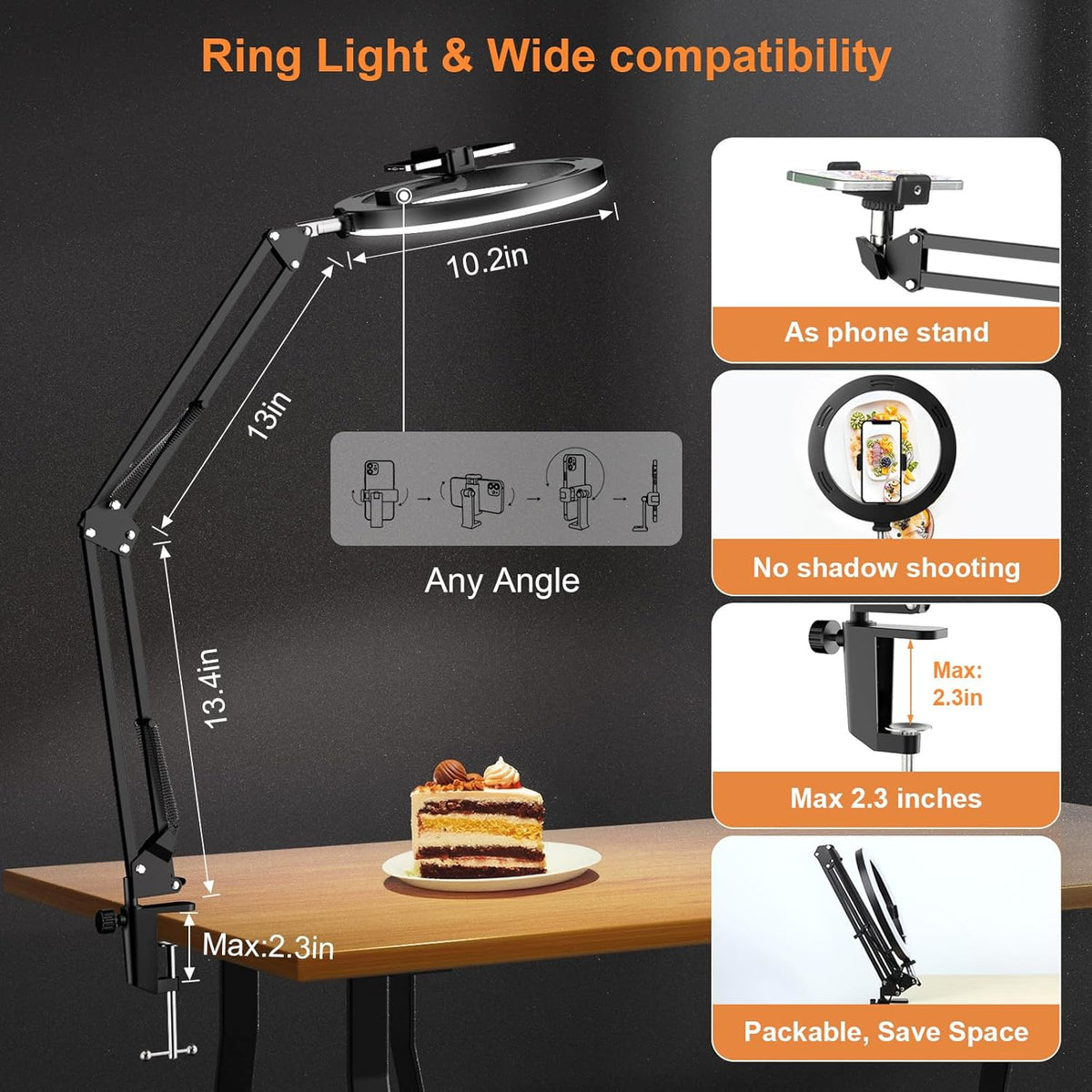 Upgrade Ring Light Overhead Camera Phone Mount for Desk, Evershop 10” Selfie Light with Stand Tripod for iPhone, Light with Phone Holder for Video Recording,Zoom Meeting,Live Streaming Tiktok,YouTube