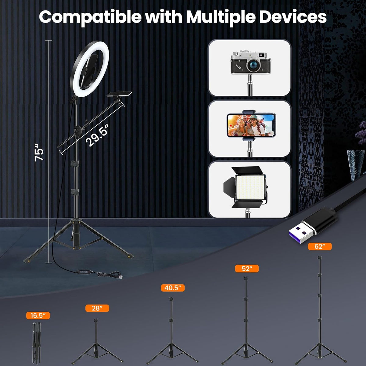 LUXSURE Ring Light with Stand for Phone, Ring Light Tripod for iPhone with Light, Overhead Camera Mount 10.5" with Remote, Phone Tripod with Light for Video Recording/Live Streaming/Cooking