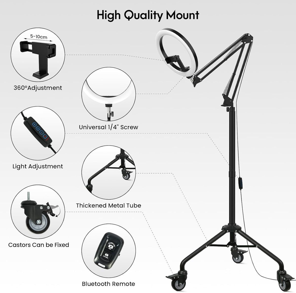 LUXSURE Ring Light Tripod for iPhone, Overhead Camera Mount with Casters,LED Ring Light with Stand and Phone Holder,Phone Tripod with Light for Video Recording/Live Streaming/Cooking